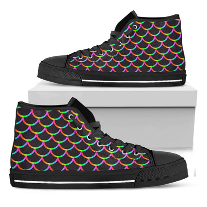 Black Mermaid Scales Pattern Print Black High Top Sneakers