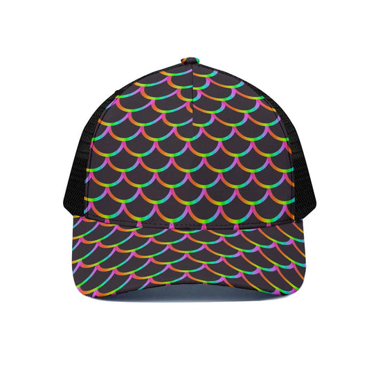 Black Mermaid Scales Pattern Print Black Mesh Trucker Cap