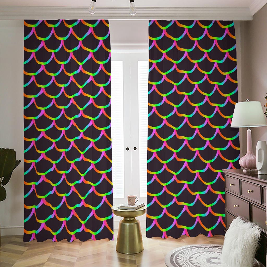 Black Mermaid Scales Pattern Print Blackout Pencil Pleat Curtains