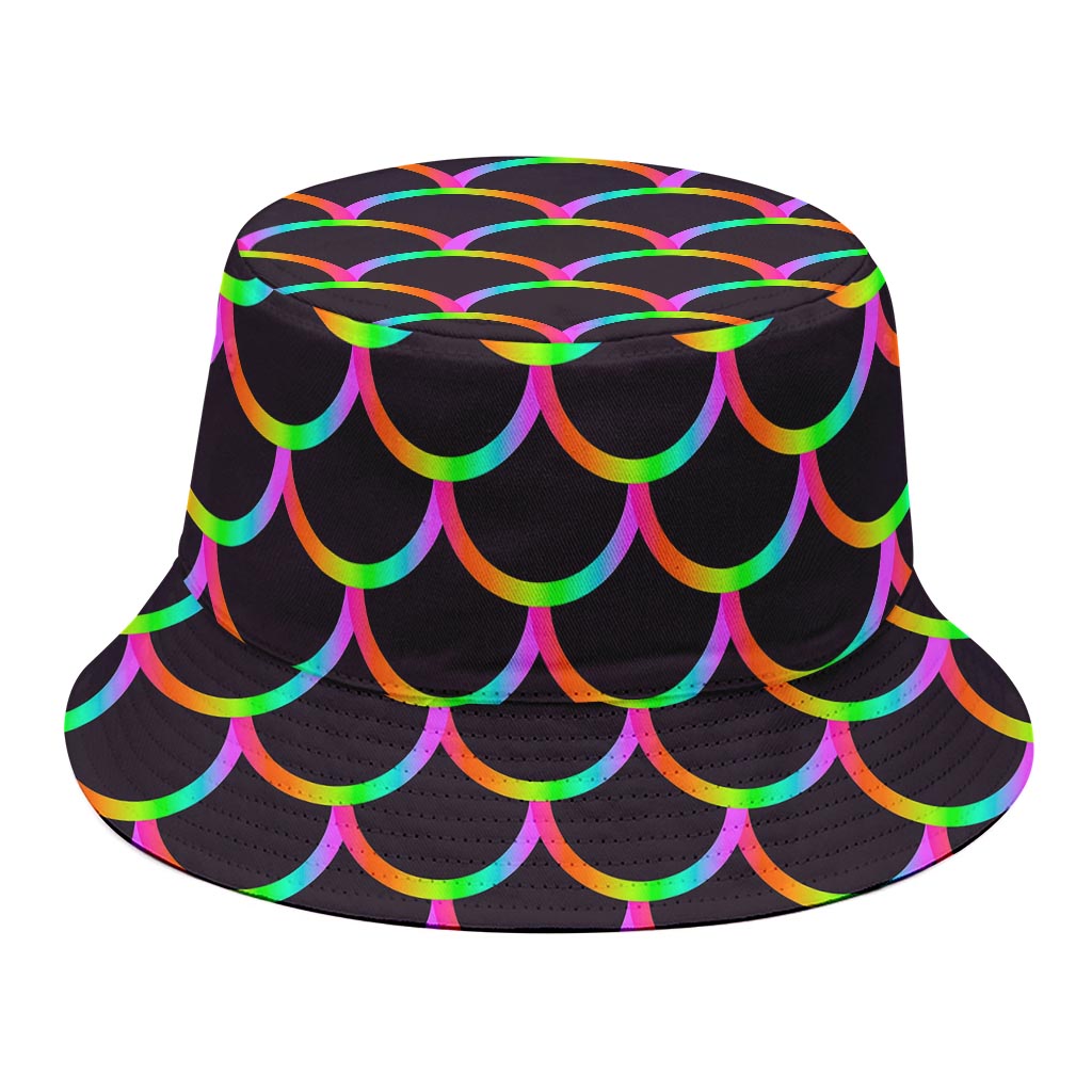 Black Mermaid Scales Pattern Print Bucket Hat