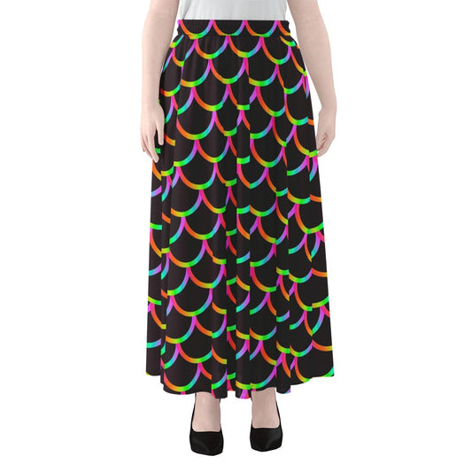 Black Mermaid Scales Pattern Print Chiffon Maxi Skirt