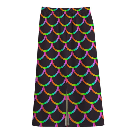 Black Mermaid Scales Pattern Print Cotton Front Slit Maxi Skirt