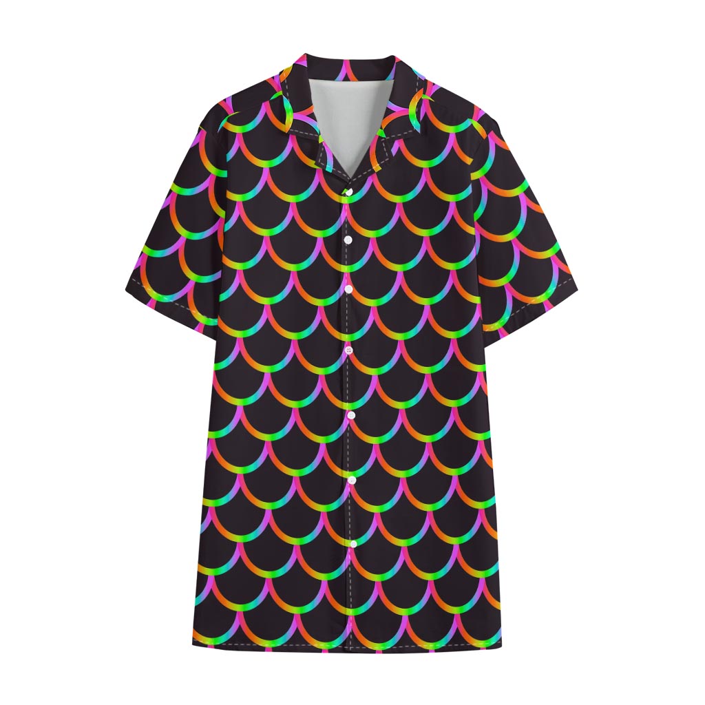 Black Mermaid Scales Pattern Print Cotton Hawaiian Shirt