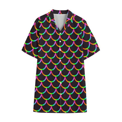 Black Mermaid Scales Pattern Print Cotton Hawaiian Shirt