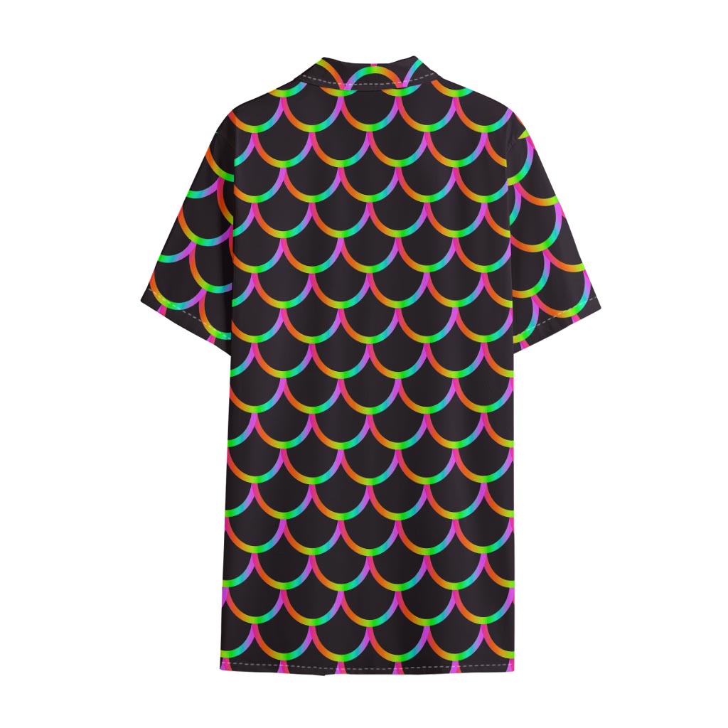Black Mermaid Scales Pattern Print Cotton Hawaiian Shirt