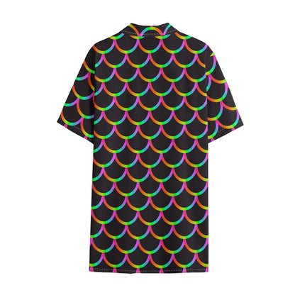 Black Mermaid Scales Pattern Print Cotton Hawaiian Shirt