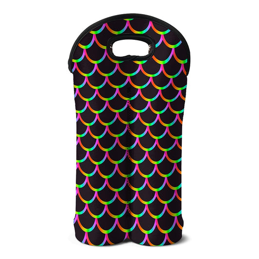 Black Mermaid Scales Pattern Print Double Neoprene Wine Tote