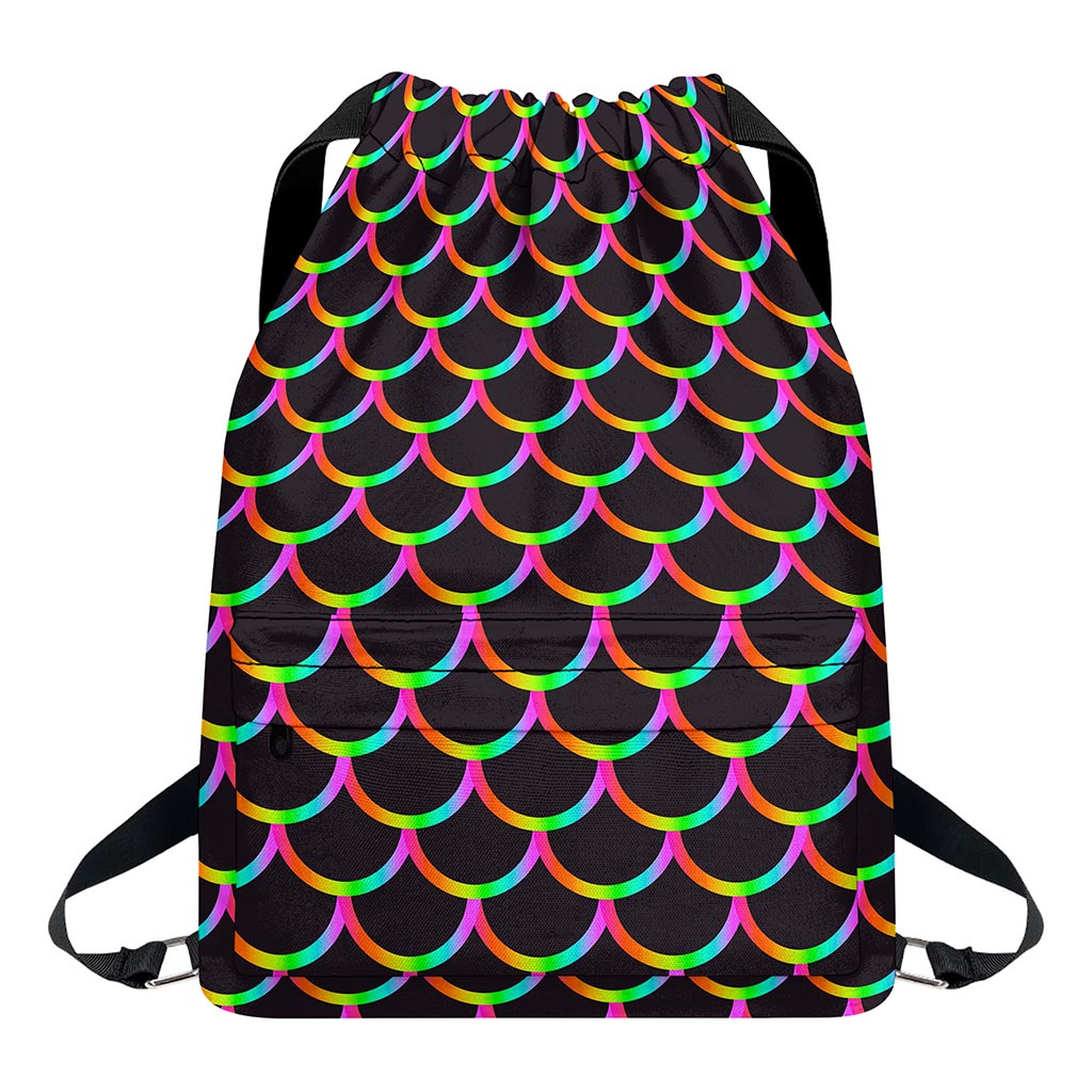Black Mermaid Scales Pattern Print Drawstring Backpack