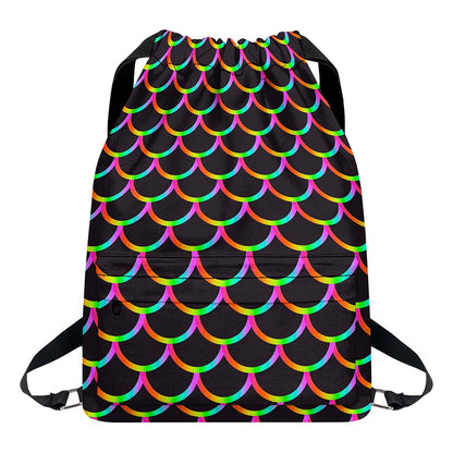 Black Mermaid Scales Pattern Print Drawstring Backpack