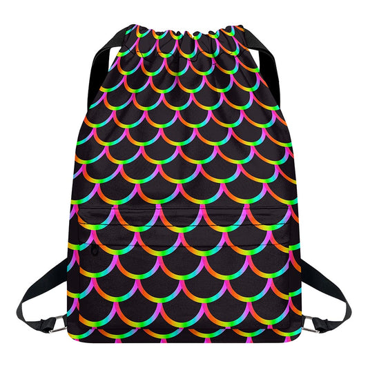 Black Mermaid Scales Pattern Print Drawstring Backpack