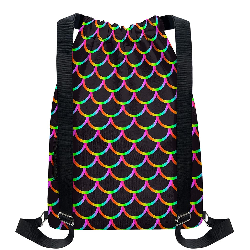 Black Mermaid Scales Pattern Print Drawstring Backpack