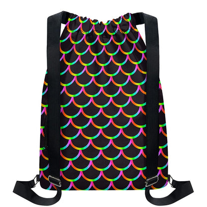 Black Mermaid Scales Pattern Print Drawstring Backpack