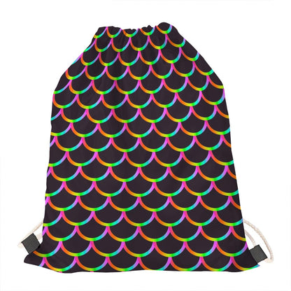 Black Mermaid Scales Pattern Print Drawstring Bag