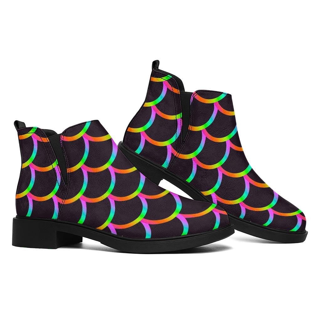 Black Mermaid Scales Pattern Print Flat Ankle Boots