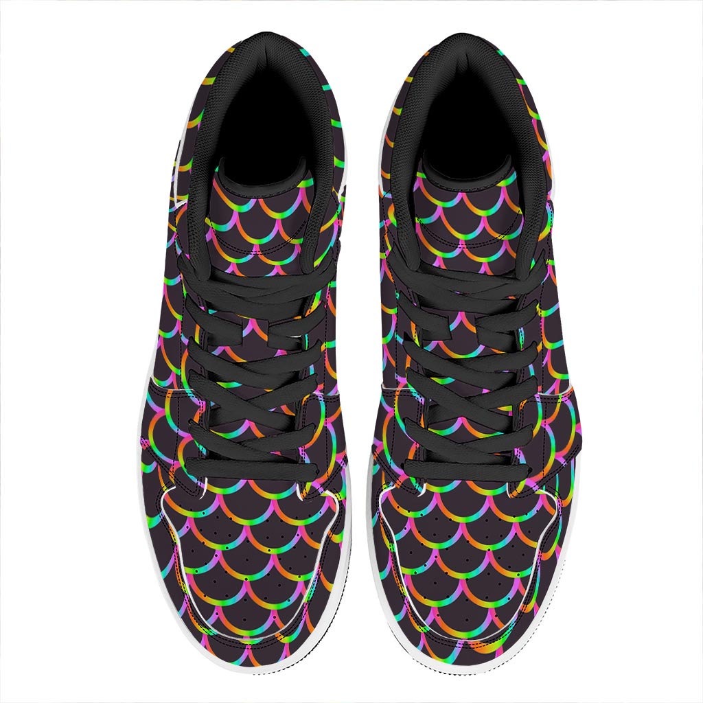 Black Mermaid Scales Pattern Print High Top Leather Sneakers