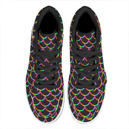 Black Mermaid Scales Pattern Print High Top Leather Sneakers