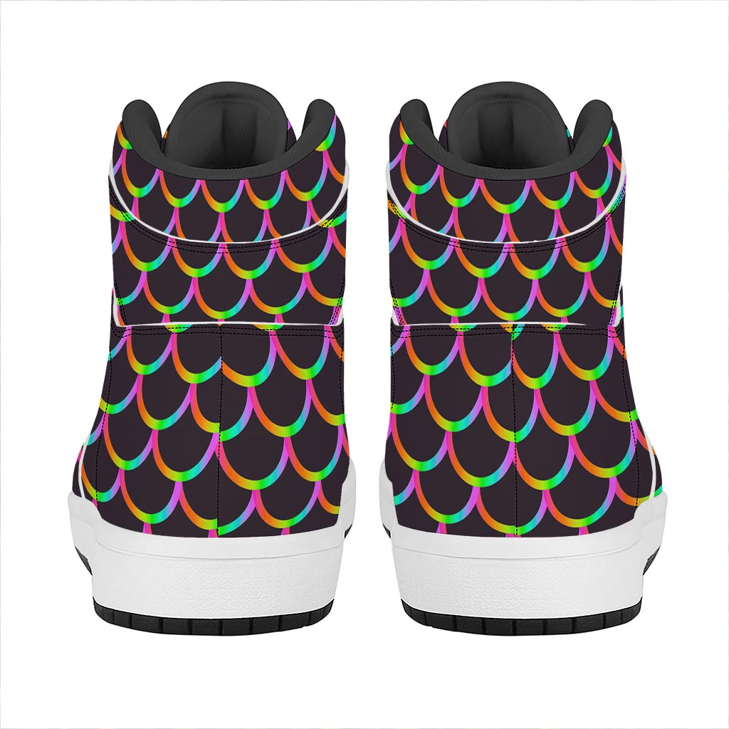 Black Mermaid Scales Pattern Print High Top Leather Sneakers