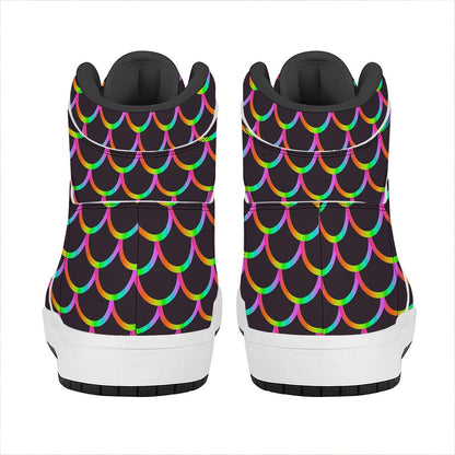 Black Mermaid Scales Pattern Print High Top Leather Sneakers