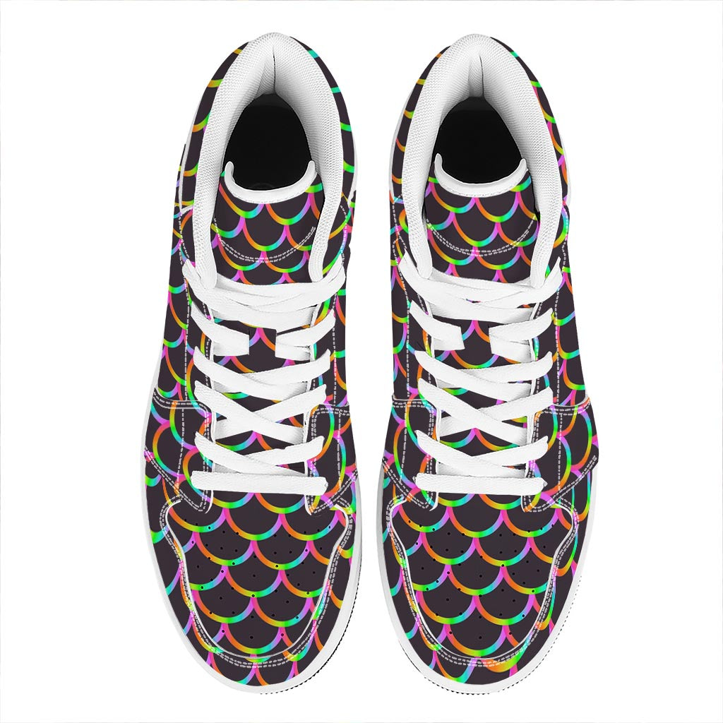 Black Mermaid Scales Pattern Print High Top Leather Sneakers