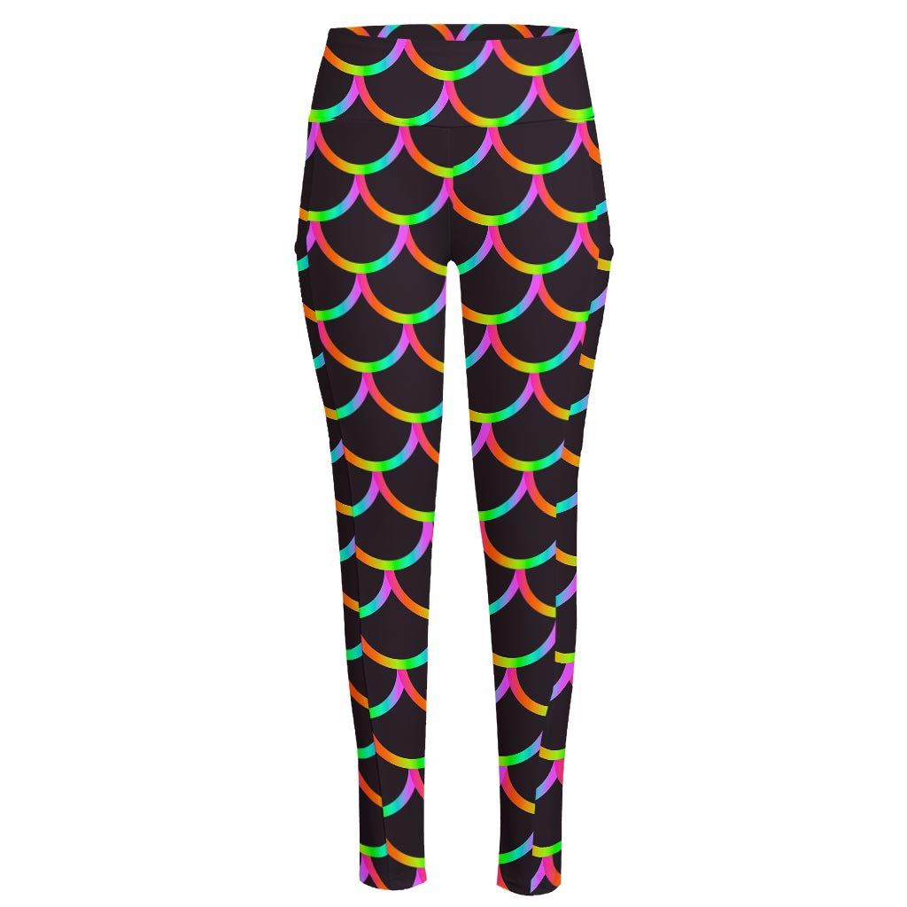 Black Mermaid Scales Pattern Print High-Waisted Pocket Leggings