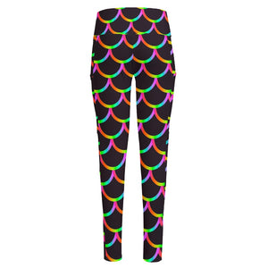 Black Mermaid Scales Pattern Print High-Waisted Pocket Leggings