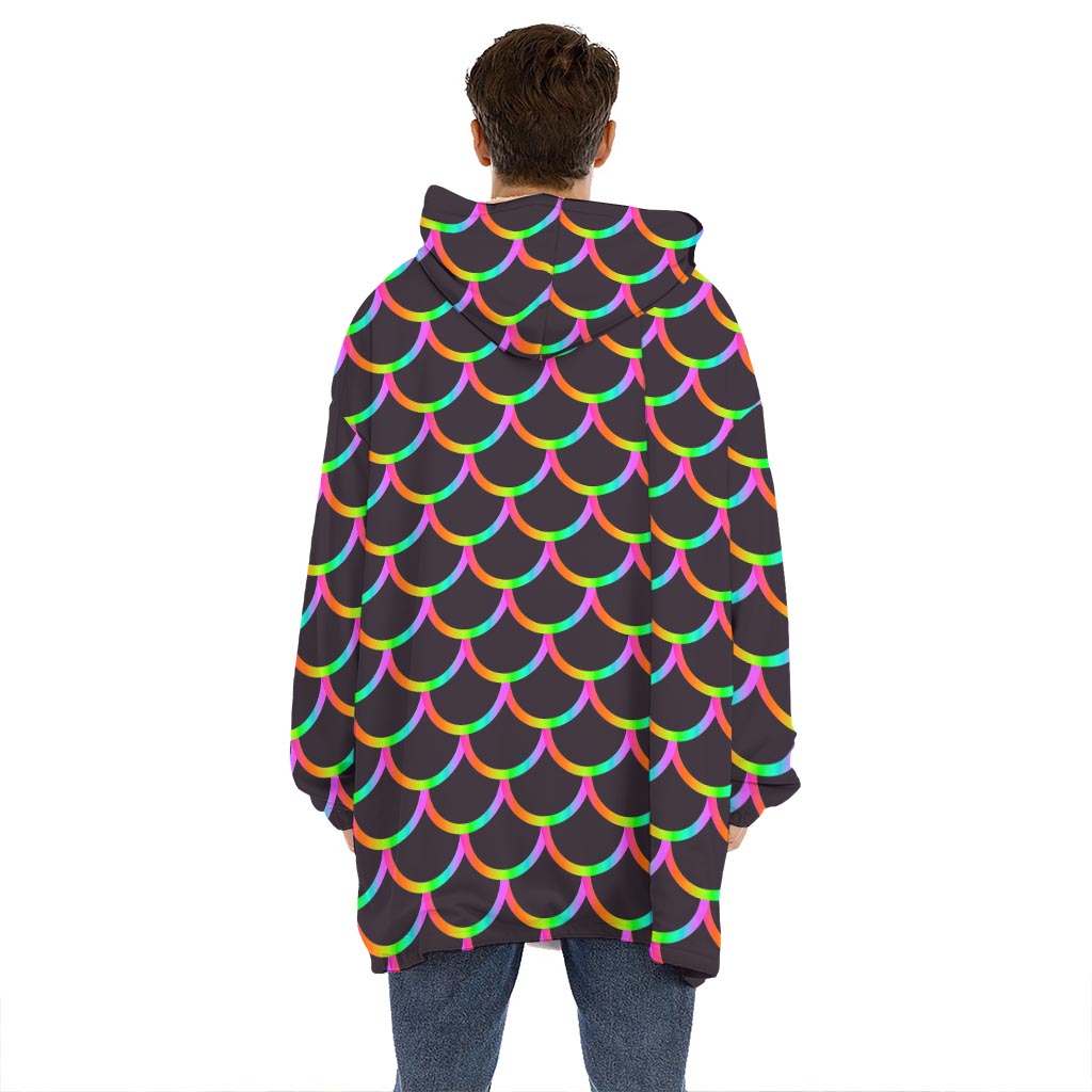 Black Mermaid Scales Pattern Print Hoodie Blanket