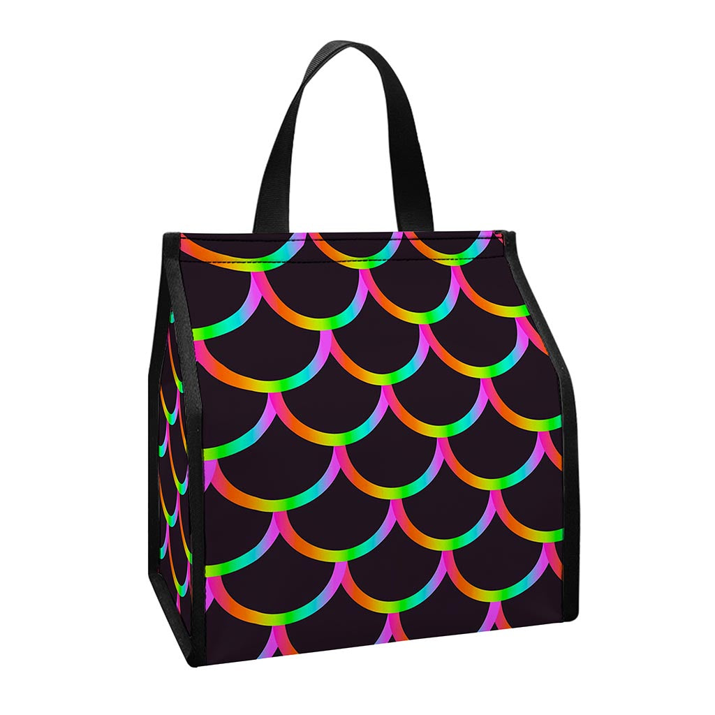 Black Mermaid Scales Pattern Print Insulated Lunch Tote