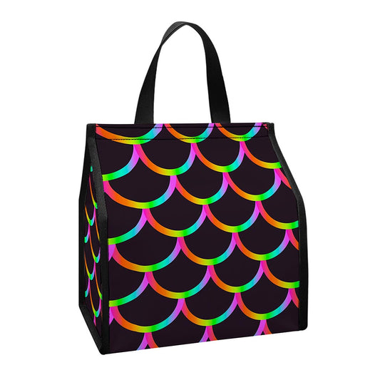 Black Mermaid Scales Pattern Print Insulated Lunch Tote
