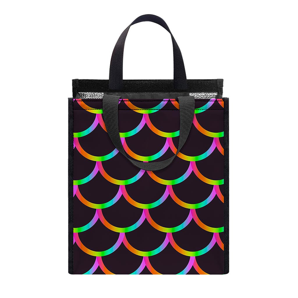 Black Mermaid Scales Pattern Print Insulated Lunch Tote