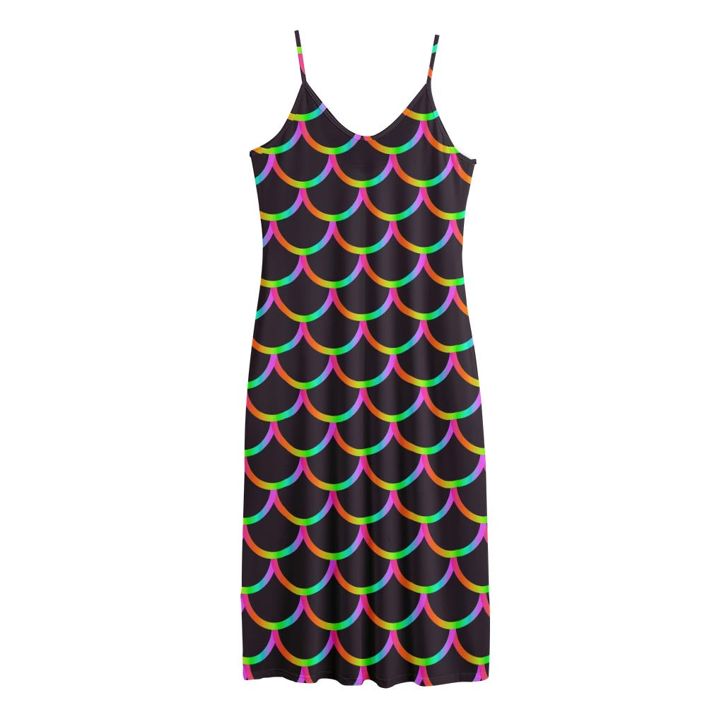 Black Mermaid Scales Pattern Print Jersey Midi Cami Dress