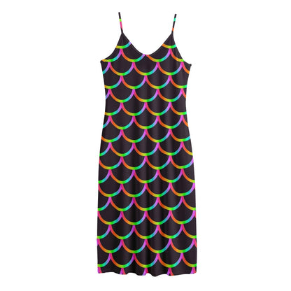 Black Mermaid Scales Pattern Print Jersey Midi Cami Dress