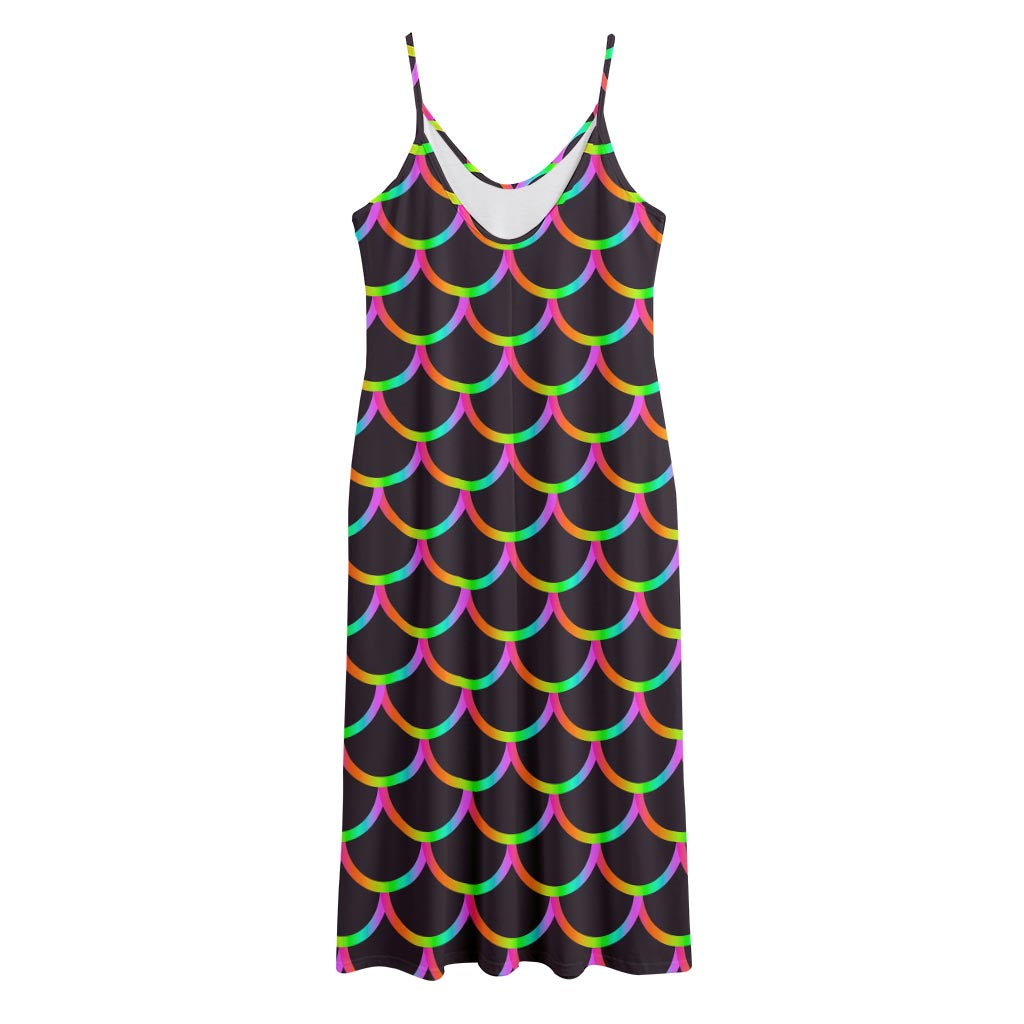 Black Mermaid Scales Pattern Print Jersey Midi Cami Dress