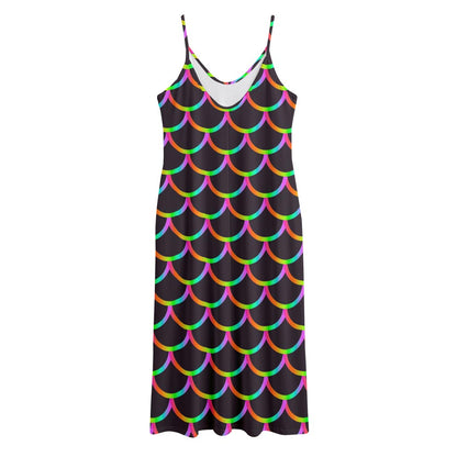 Black Mermaid Scales Pattern Print Jersey Midi Cami Dress