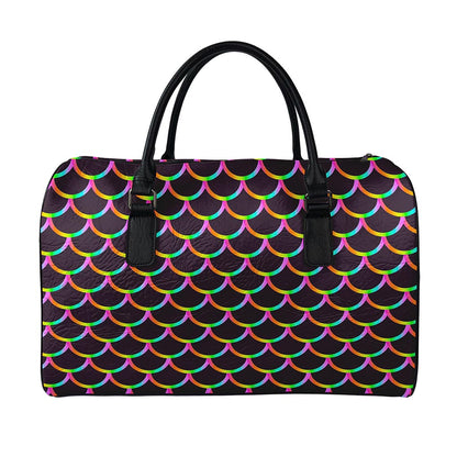 Black Mermaid Scales Pattern Print Leather Duffle Bag