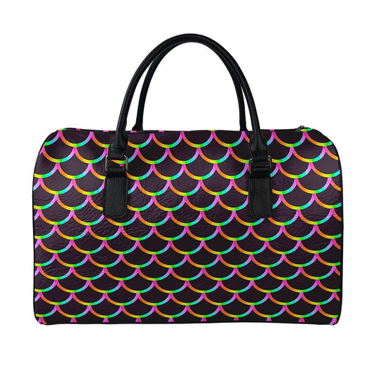 Black Mermaid Scales Pattern Print Leather Duffle Bag
