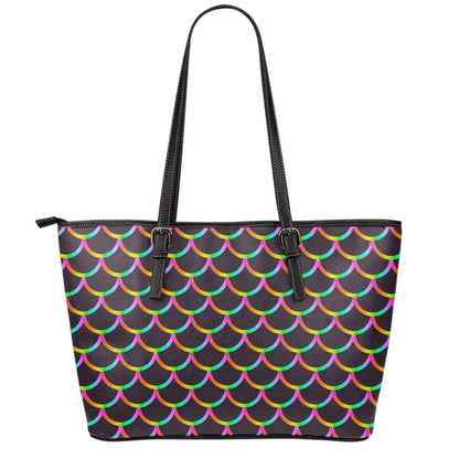 Black Mermaid Scales Pattern Print Leather Tote Bag