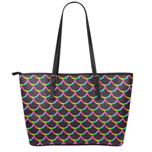Black Mermaid Scales Pattern Print Leather Tote Bag
