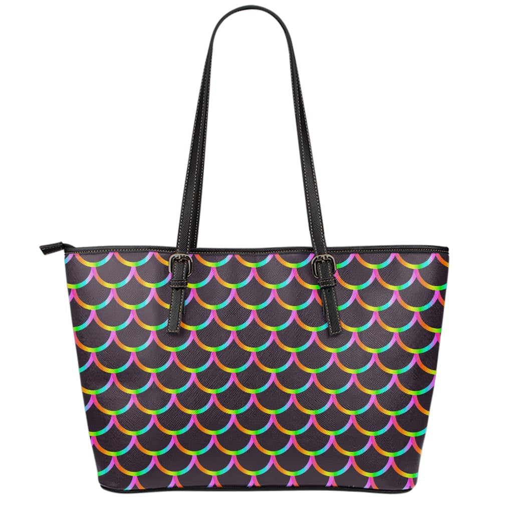 Black Mermaid Scales Pattern Print Leather Tote Bag