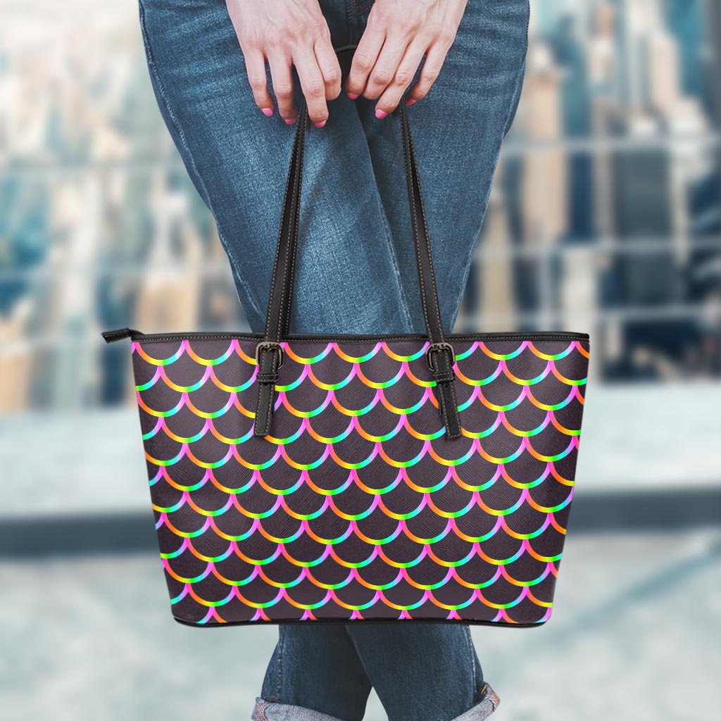 Black Mermaid Scales Pattern Print Leather Tote Bag