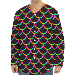 Black Mermaid Scales Pattern Print Long Sleeve Baseball Jersey