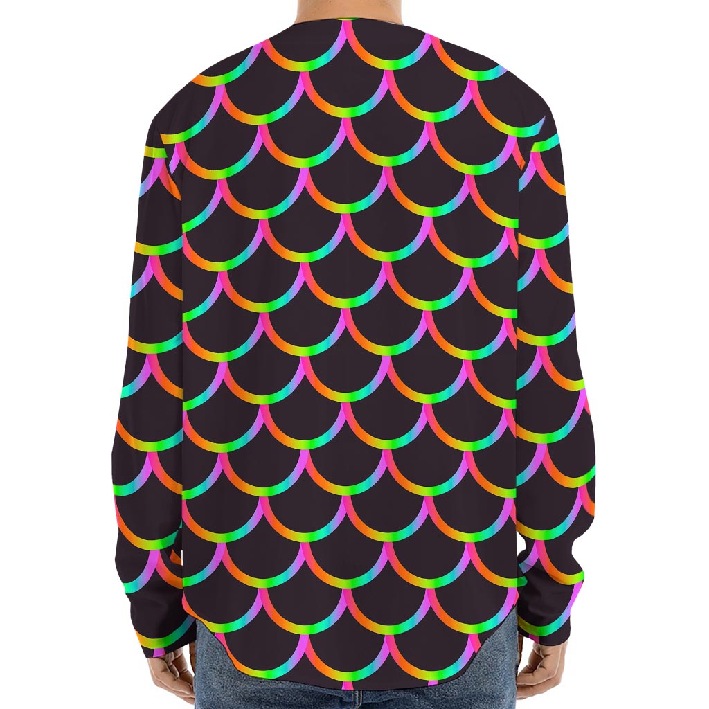 Black Mermaid Scales Pattern Print Long Sleeve Baseball Jersey