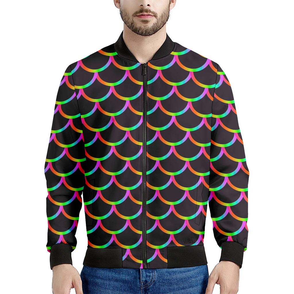 Black Mermaid Scales Pattern Print Men's Bomber Jacket