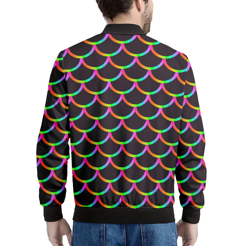 Black Mermaid Scales Pattern Print Men's Bomber Jacket