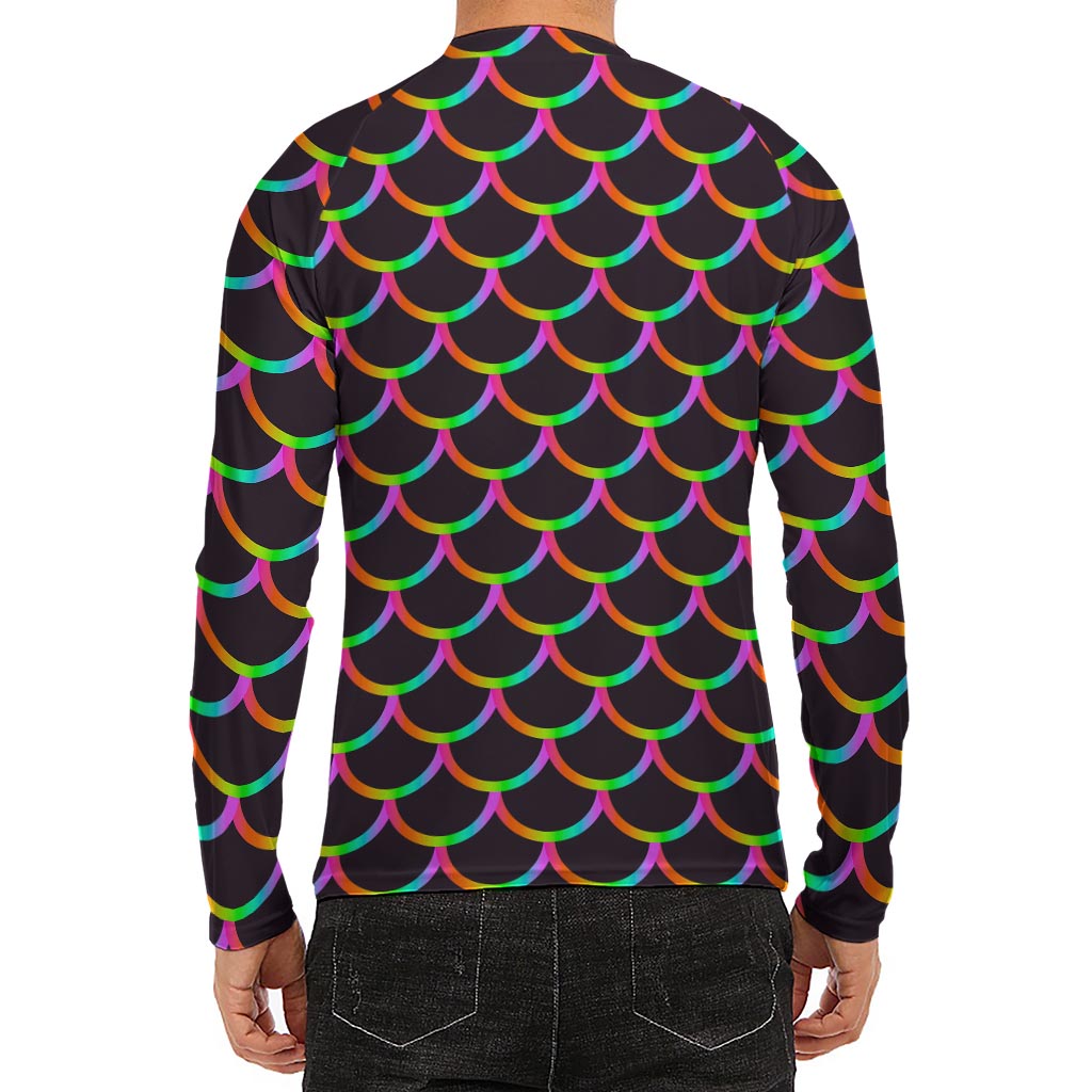 Black Mermaid Scales Pattern Print Men's Long Sleeve Rash Guard