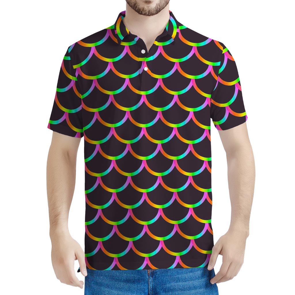 Black Mermaid Scales Pattern Print Men's Polo Shirt