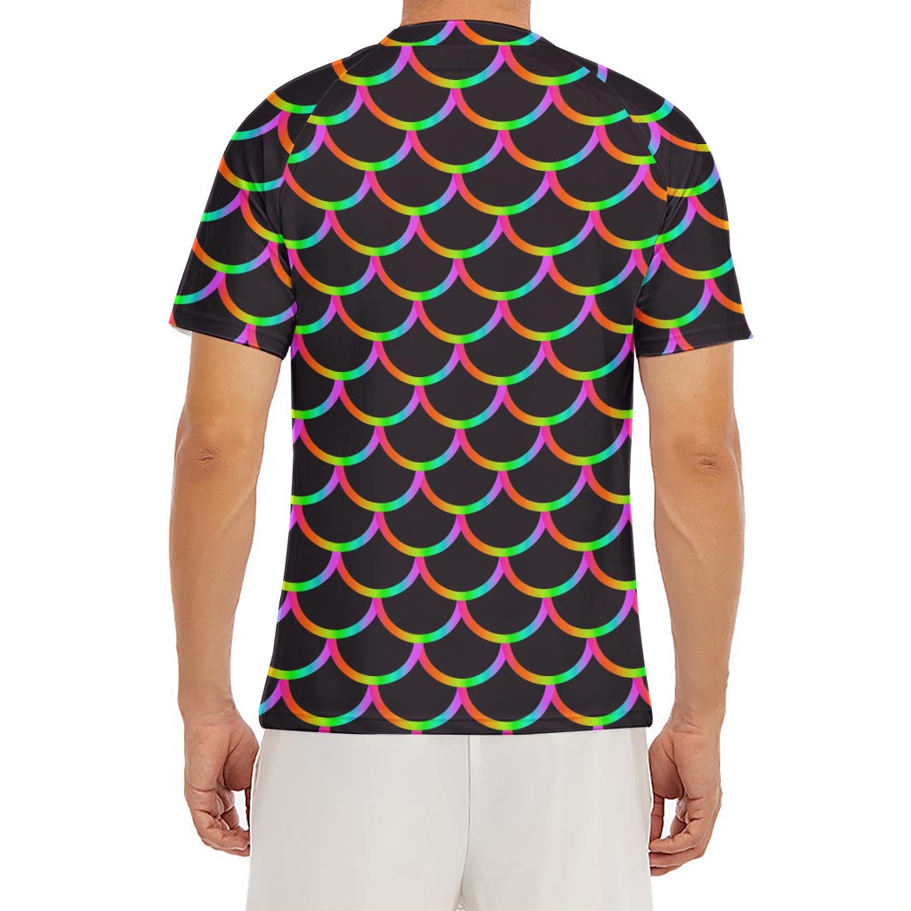 Black Mermaid Scales Pattern Print Men's Short Sleeve Rash Guard