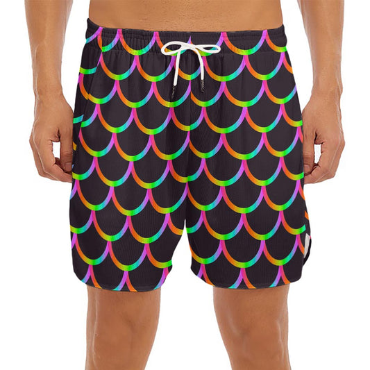 Black Mermaid Scales Pattern Print Men's Split Running Shorts
