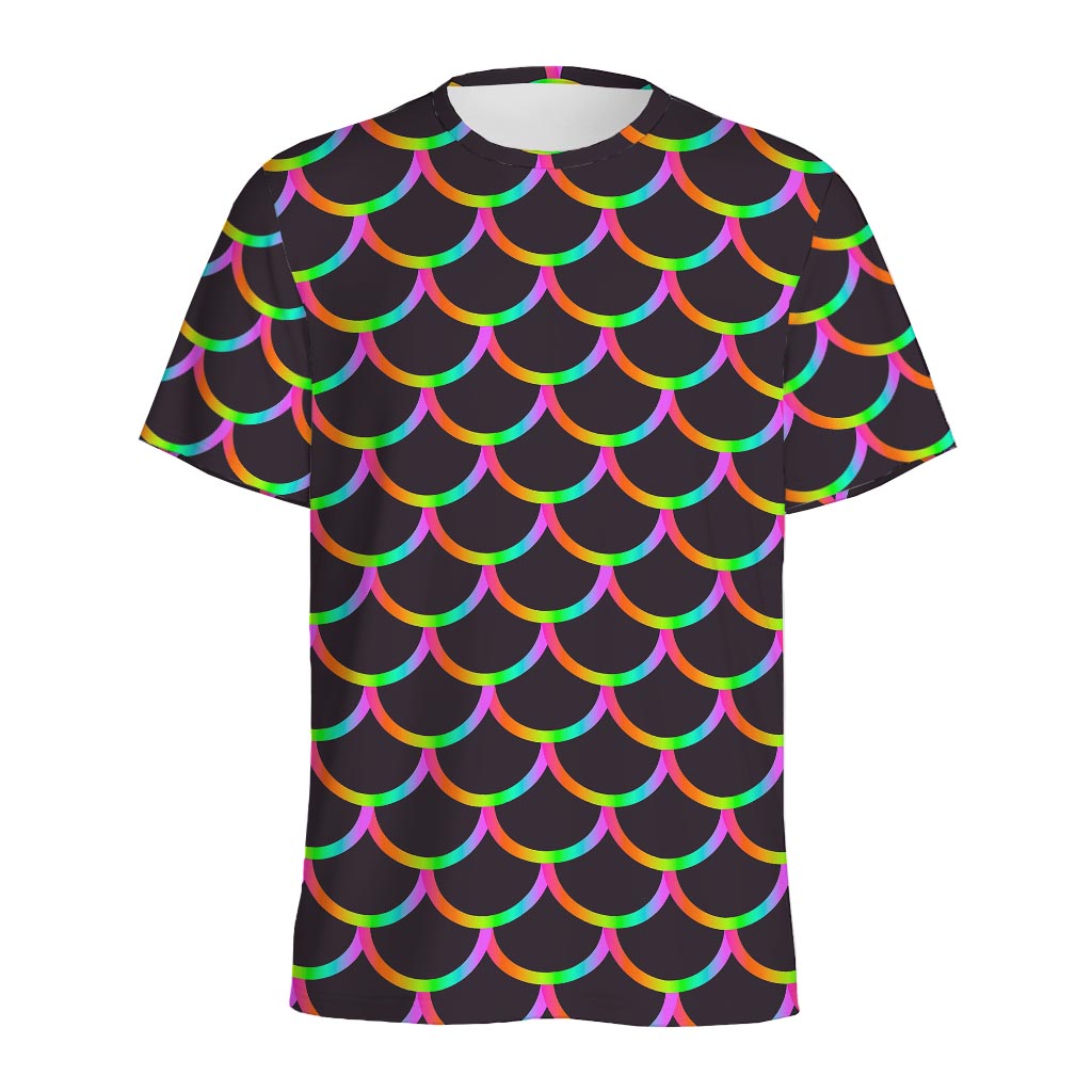 Black Mermaid Scales Pattern Print Men's Sports T-Shirt