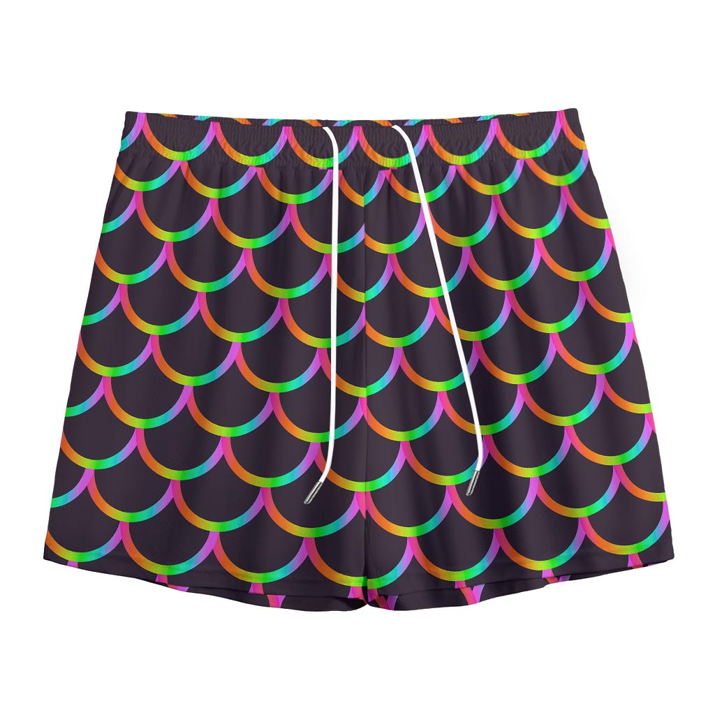Black Mermaid Scales Pattern Print Mesh Shorts