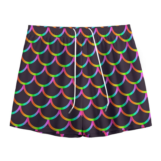 Black Mermaid Scales Pattern Print Mesh Shorts
